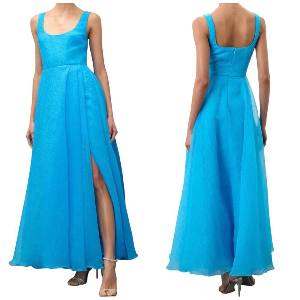 Monique Lhuillier Clara Blue Organza Gown Sz 6 Formal Slit Dress